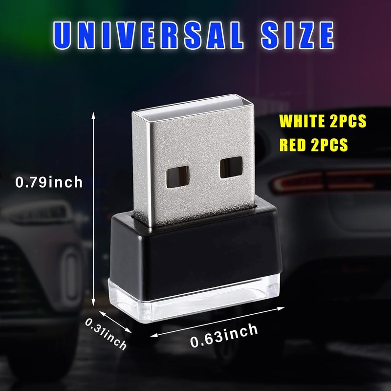 Augeny 4 PCS USB LED Car Interior Atmosphere Lamp, Plug-in USB Decor Night Light, Portable Auto Ambient Lighting Kit, Universal Vehicle Interior Accessories for Most Cars (White & Red) - Image 2