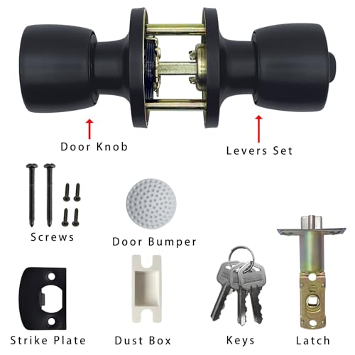 JOKO JO.KO Door Knob with Lock and Keyed, Black Matte Round Ball Lock Interior/Exterior Door Knob for Bedroom Or Bathroom/Entry Door Handle - Image 2