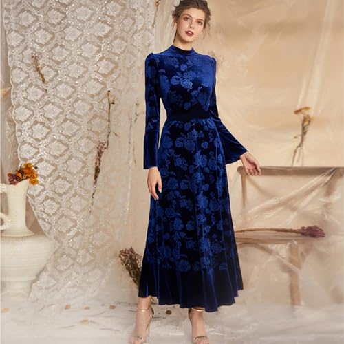 AGYMNX Women's Fall Winter Dress Long Bell Sleeve Mock Neck Floral Velvet Long Maxi Dress Party Dress Wedding Guest Dress Dark Blue L - Image 3