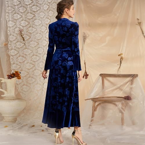 AGYMNX Women's Fall Winter Dress Long Bell Sleeve Mock Neck Floral Velvet Long Maxi Dress Party Dress Wedding Guest Dress Dark Blue L - Image 2