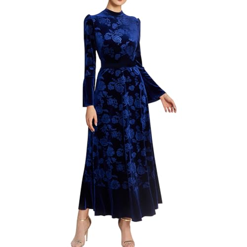 AGYMNX Women's Fall Winter Dress Long Bell Sleeve Mock Neck Floral Velvet Long Maxi Dress Party Dress Wedding Guest Dress Dark Blue L - Image 1