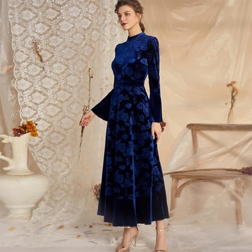 AGYMNX Women's Fall Winter Dress Long Bell Sleeve Mock Neck Floral Velvet Long Maxi Dress Party Dress Wedding Guest Dress Dark Blue L - Image 4