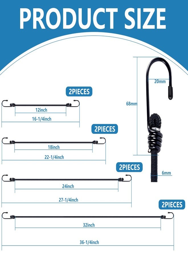 QGEIB Bungee Cords with Hooks 8 Pack Bungee Cords Heavy Duty Outdoor Includes 12 inches,18 inches,24 inches,31 inches for Bundling Items,Fixing Tarps,Tents,and Carrying Luggage (8, Black, Many Sizes) - Image 2