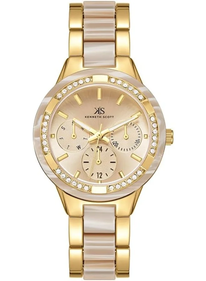 KENNETH SCOTT Kenneth Scott Women's PC21J Movement Watch, Multi Function Display and Alloy and Acetate Plastic Strap - K24604-GCCI, Ivory