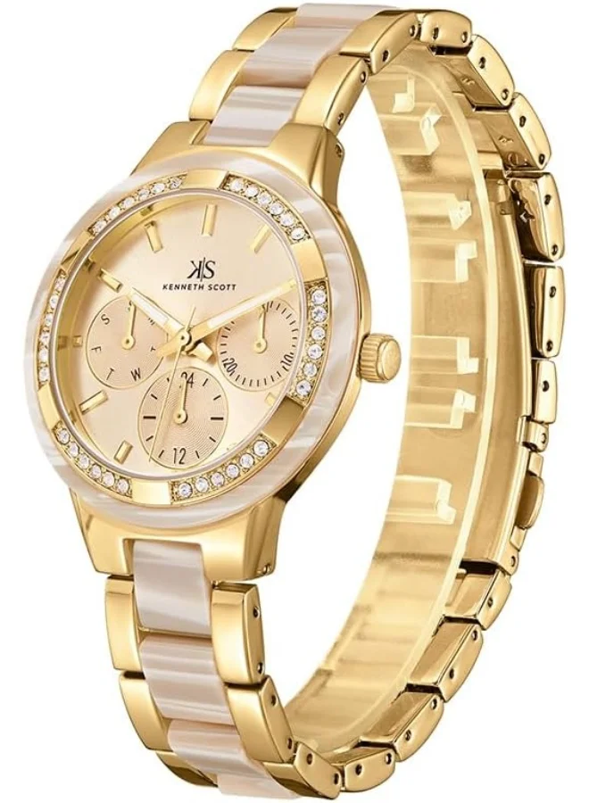 KENNETH SCOTT Kenneth Scott Women's PC21J Movement Watch, Multi Function Display and Alloy and Acetate Plastic Strap - K24604-GCCI, Ivory