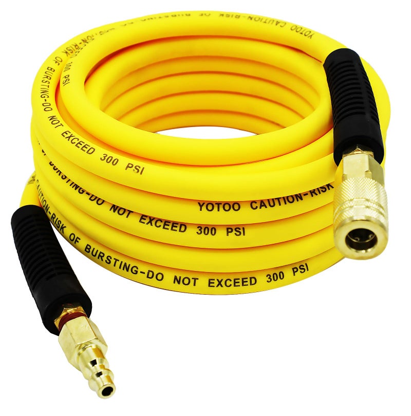YOTOO Hybrid Air Hose 14Inch by 25Feet 300 PSI Heavy Duty Lightweight Kink Resistant AllWeather Flexibility with 14Inch Industrial Air Fittings and Bend Restrictors Yellow