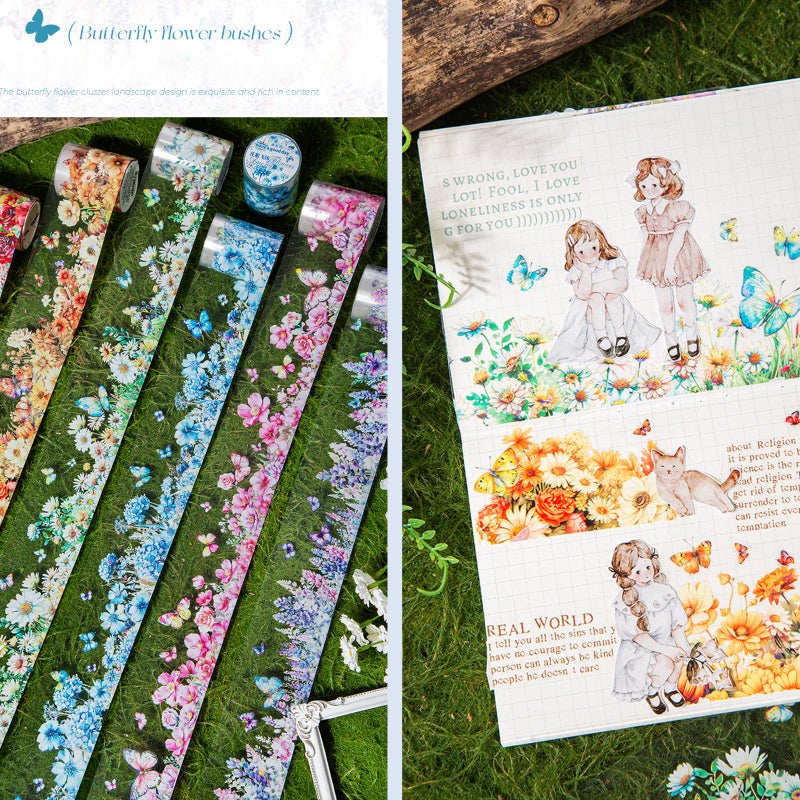 DAPUTOU 6 Rolls PET Washi Tape 50mm Wide Flowers Transparent Ephemera Light Decorative Aesthetic Floral Stickers Set for Junk Journaling, Scrapbook Supplies, Crafting, DIY Projects - Image 3
