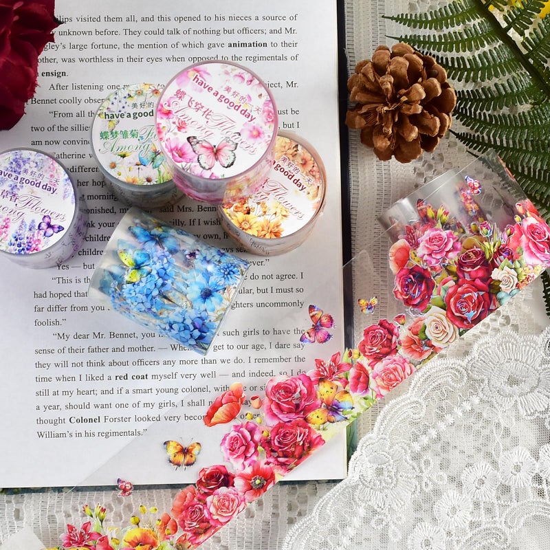 DAPUTOU 6 Rolls PET Washi Tape 50mm Wide Flowers Transparent Ephemera Light Decorative Aesthetic Floral Stickers Set for Junk Journaling, Scrapbook Supplies, Crafting, DIY Projects - Image 2