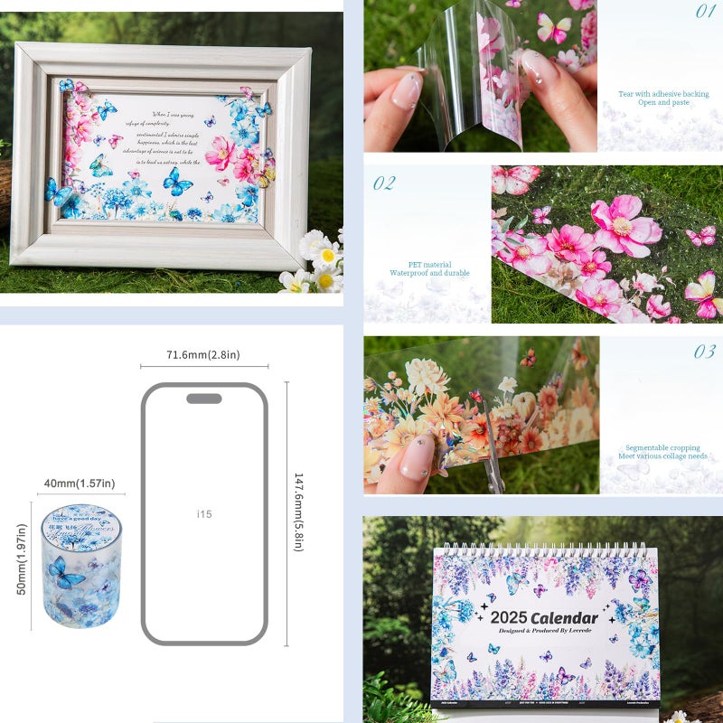 DAPUTOU 6 Rolls PET Washi Tape 50mm Wide Flowers Transparent Ephemera Light Decorative Aesthetic Floral Stickers Set for Junk Journaling, Scrapbook Supplies, Crafting, DIY Projects - Image 5