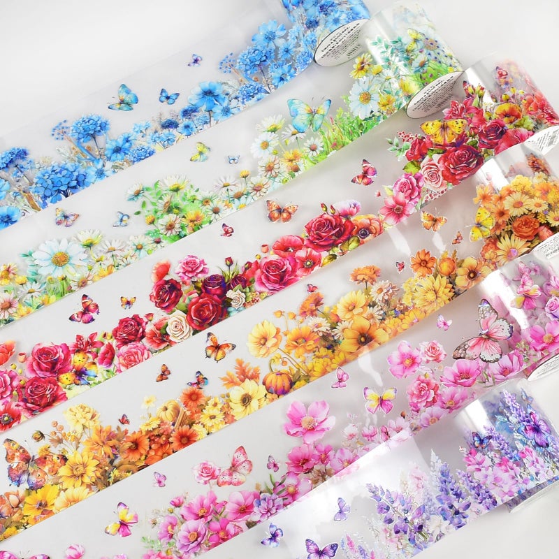 DAPUTOU 6 Rolls PET Washi Tape 50mm Wide Flowers Transparent Ephemera Light Decorative Aesthetic Floral Stickers Set for Junk Journaling, Scrapbook Supplies, Crafting, DIY Projects - Image 1