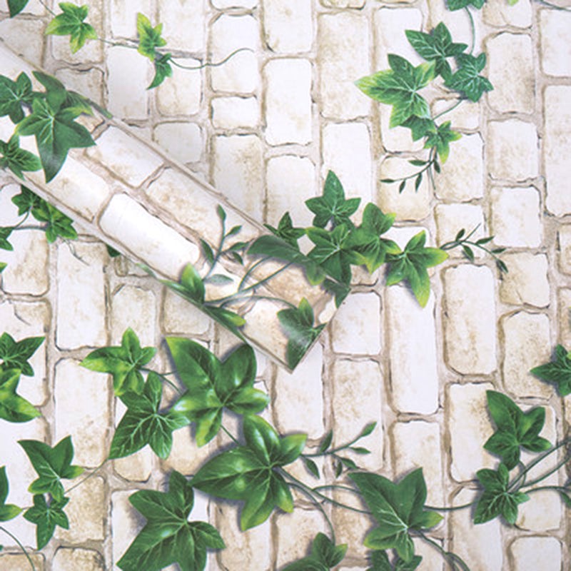10m Peel and Stick Brick with Green Leaves Wall Sticker PVC Self-Adhesive Wallpaper - Image 3