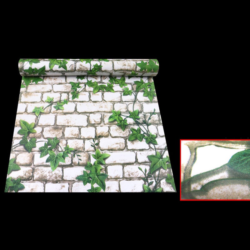 10m Peel and Stick Brick with Green Leaves Wall Sticker PVC Self-Adhesive Wallpaper - Image 2