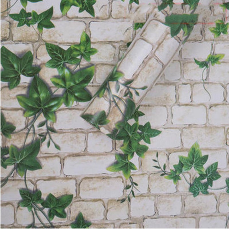 10m Peel and Stick Brick with Green Leaves Wall Sticker PVC Self-Adhesive Wallpaper - Image 1