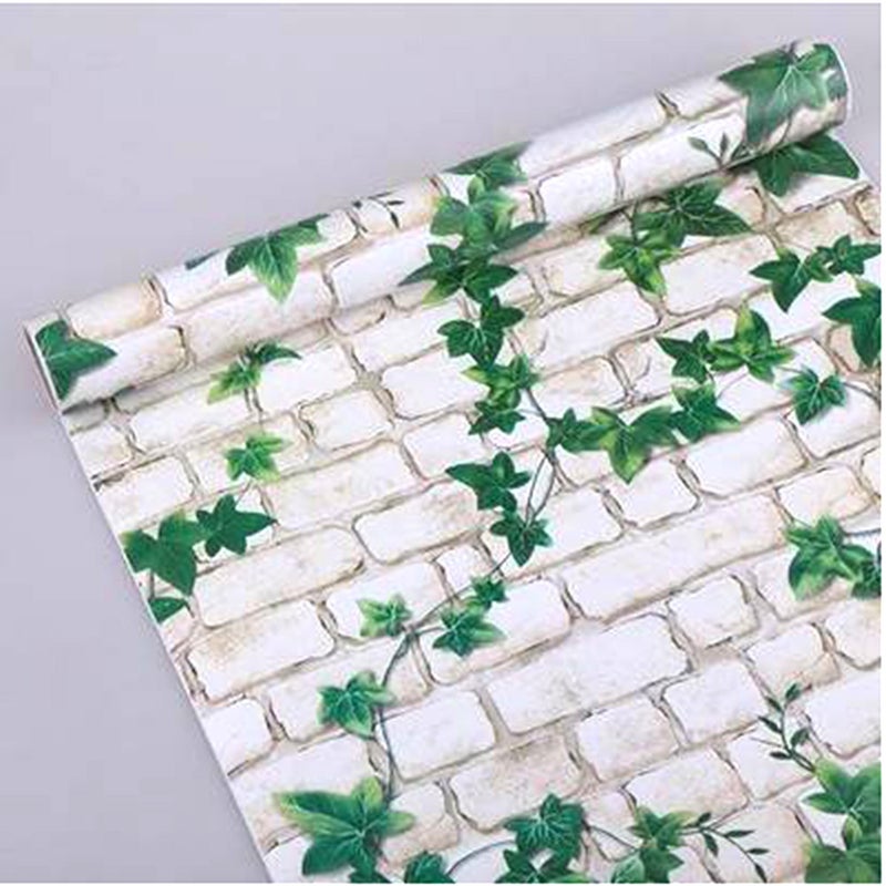 10m Peel and Stick Brick with Green Leaves Wall Sticker PVC Self-Adhesive Wallpaper - Image 5