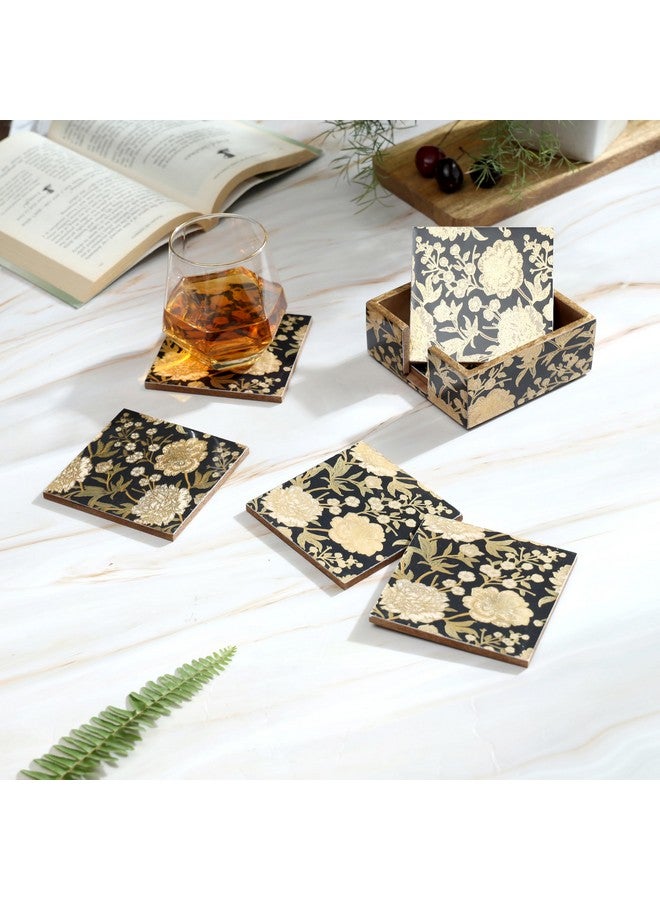 DULI Elegant Floral Wooden Coaster Set with Storage Box - Waterproof, Digital Print Design, Durable Lacquer Finish for Table Protection, Perfect for Tea, Coffee, and Home Décor (Black Ivory) - Image 1