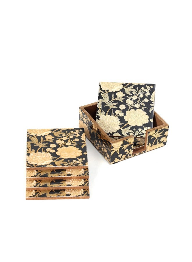 DULI Elegant Floral Wooden Coaster Set with Storage Box - Waterproof, Digital Print Design, Durable Lacquer Finish for Table Protection, Perfect for Tea, Coffee, and Home Décor (Black Ivory) - Image 3