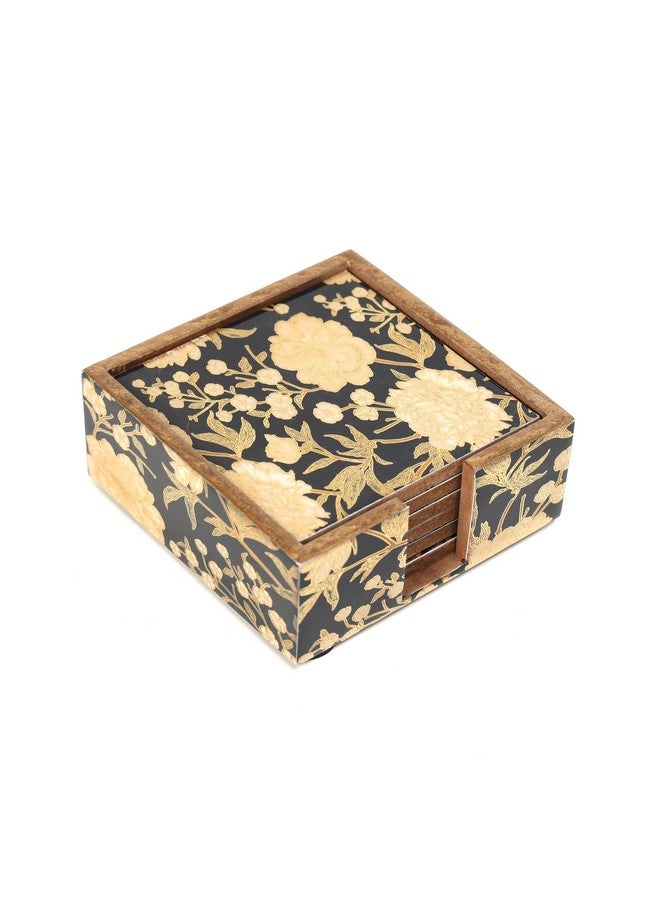 DULI Elegant Floral Wooden Coaster Set with Storage Box - Waterproof, Digital Print Design, Durable Lacquer Finish for Table Protection, Perfect for Tea, Coffee, and Home Décor (Black Ivory) - Image 2