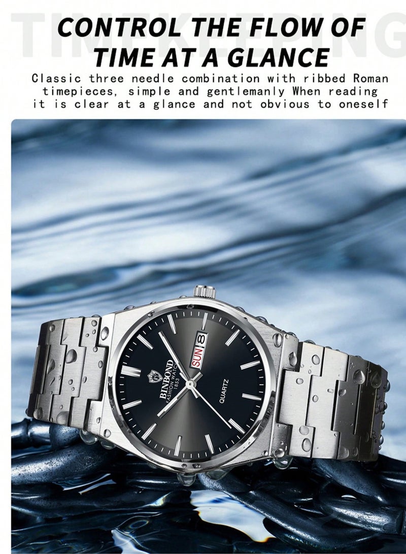 بينبوند ساعة BINBOND للرجال من الكوارتز الفاخرة ذات العلامة التجارية الأعلى ساعة أصلية للرجال مقاومة للماء ومضيئة وتاريخ الأسبوع من الفولاذ المقاوم للصدأ للرجال - Image 4