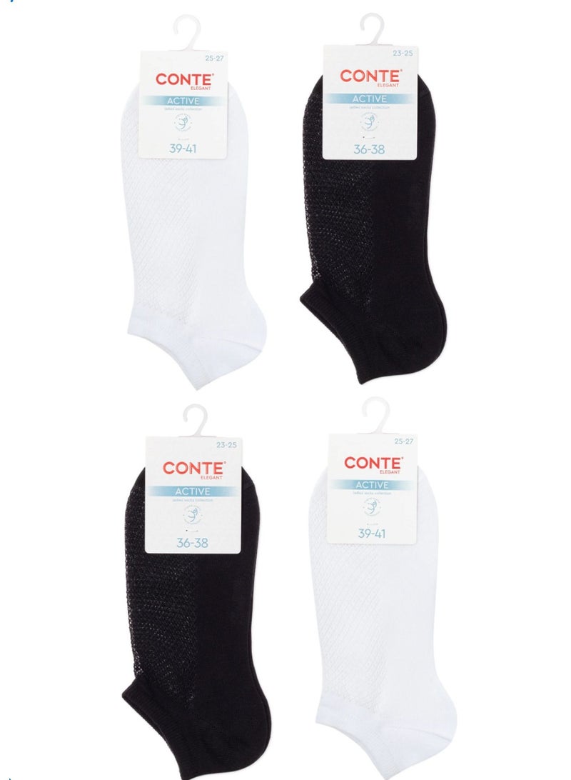 Conte Women's Ankle Socks, Pack of 4 White and Black ultra-short - Image 1