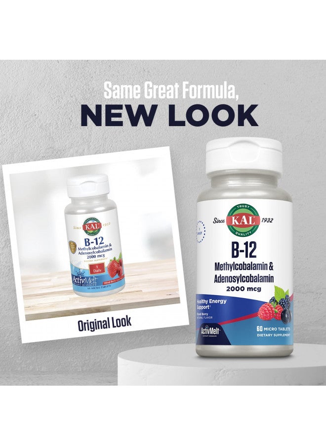 KAL Vitamin B12 Methylcobalamin and Adenosylcobalamin 2000 mcg ActivMelt, B12 Energy Supplements, Metabolism, Nerve, Red Blood Cell Support, High Absorption, Natural Berry, 60 Serv, 60 Micro Tablets