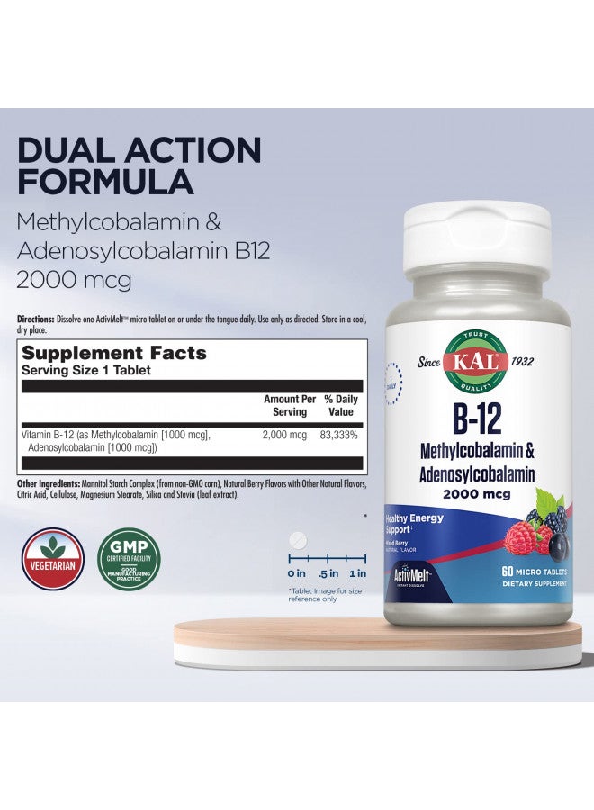 KAL Vitamin B12 Methylcobalamin and Adenosylcobalamin 2000 mcg ActivMelt, B12 Energy Supplements, Metabolism, Nerve, Red Blood Cell Support, High Absorption, Natural Berry, 60 Serv, 60 Micro Tablets