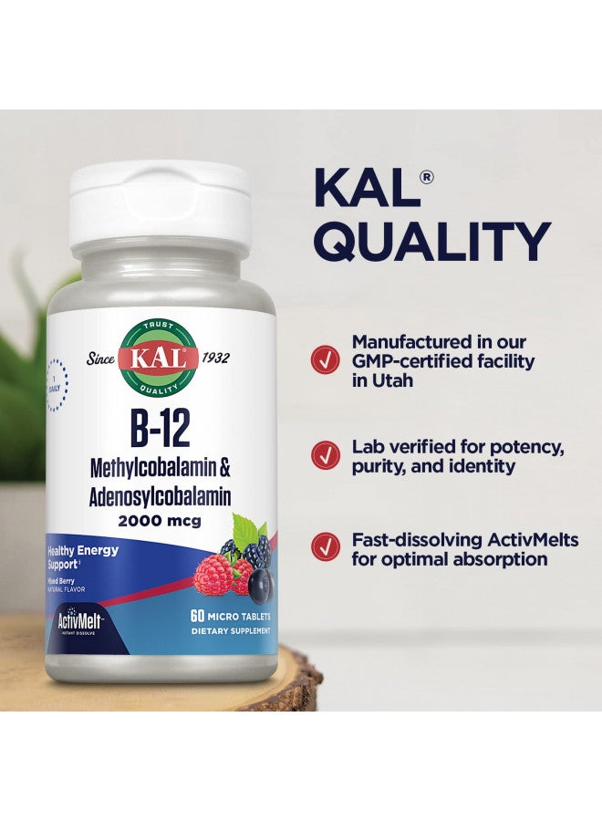 KAL Vitamin B12 Methylcobalamin and Adenosylcobalamin 2000 mcg ActivMelt, B12 Energy Supplements, Metabolism, Nerve, Red Blood Cell Support, High Absorption, Natural Berry, 60 Serv, 60 Micro Tablets