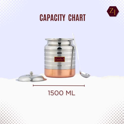 ZESTILO Stainless Steel Oil/Ghee Jar Ghee Container Oil Pot Ghee Container with Spoon Copper Bottom Finish (1500 ml) - Image 2