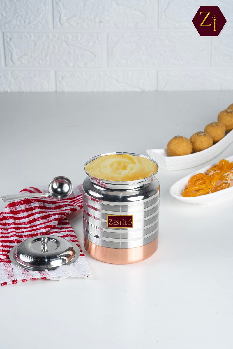 ZESTILO Stainless Steel Oil/Ghee Jar Ghee Container Oil Pot Ghee Container with Spoon Copper Bottom Finish (1500 ml) - Image 4
