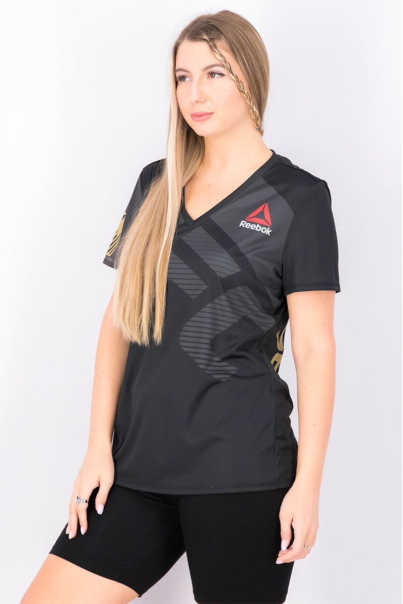 Reebok Women V-neck Short Sleeve Graphic Top, Black and Grey - Image 3
