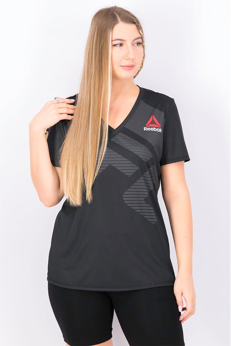 Reebok Women V-neck Short Sleeve Graphic Top, Black and Grey - Image 1