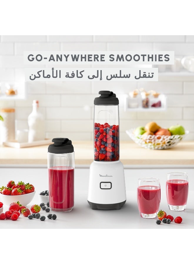 Moulinex Mix & Move Mini Blender Mixer, 2 To-Go Bottles in Premium Tritan, Space-Saving Compact Design, Easy-Cleaning Removable Blades, Easy and Ergonomic Single-Button Control 0.6 L 300 W LM15F127 White - Image 3