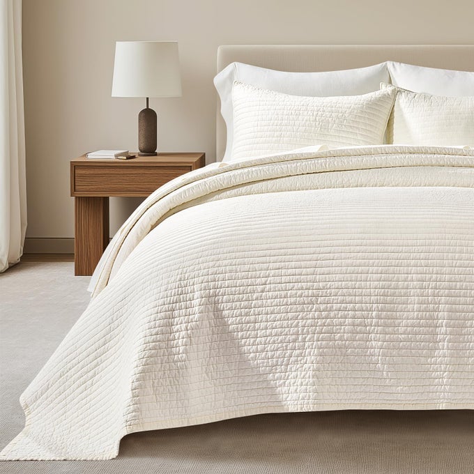 COTTON SATEEN QUILT SET KING SIZE PREWASHED COTTON CHANNEL STITCH COVERLET BEDSPREAD 3 PIECES LIGHTWEIGHT SOFT BEDDING SETS FOR ALL SEASON WITH 2 PILLOW SHAMS CREAM