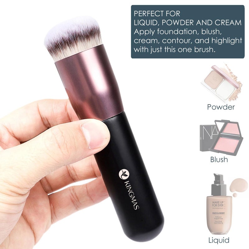 KINGMAS Round Top Foundation Brush, Premium Kabuki Makeup Brush for Liquid, Blending, Cream, Powder,Blush Buffing Stippling Face Makeup Tools (Black, B (Round Top)) - Image 2