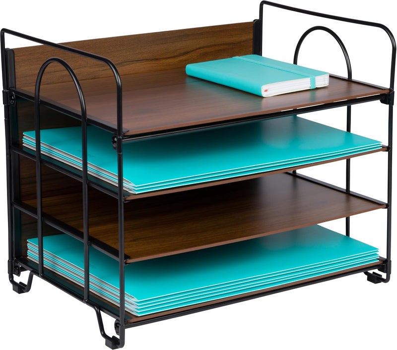 Dasher Products Office Organizer with 4 Tiers, Desk File Organizer with Wood Patterned Shelves, Office Supplies Desk Organizer for Storage of Paper, Bills, Letters, Multi-Functional Desk Organizers and Accessories - Image 1