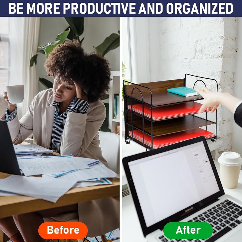Dasher Products Office Organizer with 4 Tiers, Desk File Organizer with Wood Patterned Shelves, Office Supplies Desk Organizer for Storage of Paper, Bills, Letters, Multi-Functional Desk Organizers and Accessories - Image 5