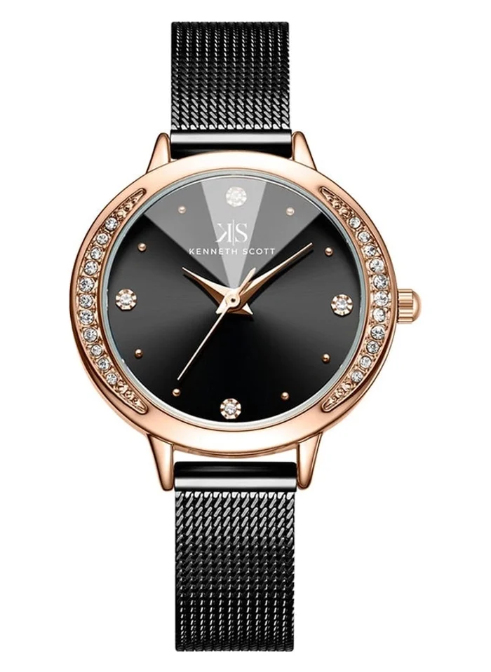 KENNETH SCOTT Kenneth Scott K22523-RMBB Women's Analog Display Watch & Stainless Steel Strap Black