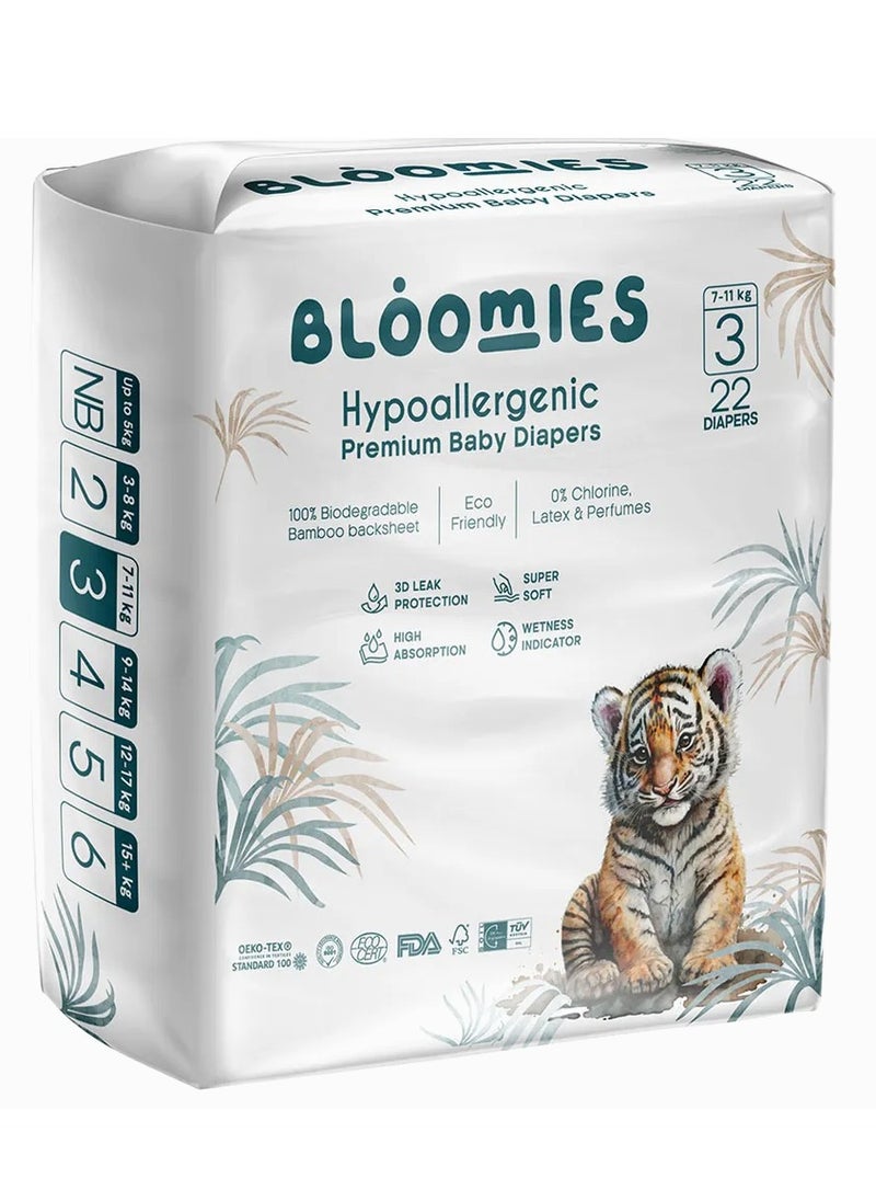 Bloomies Organic Bamboo Baby Diapers Size 3 (7-11kg baby) 22pcs| Eco-friendly, Hypoallergenic, Non-toxic, Breathable Nappies 
