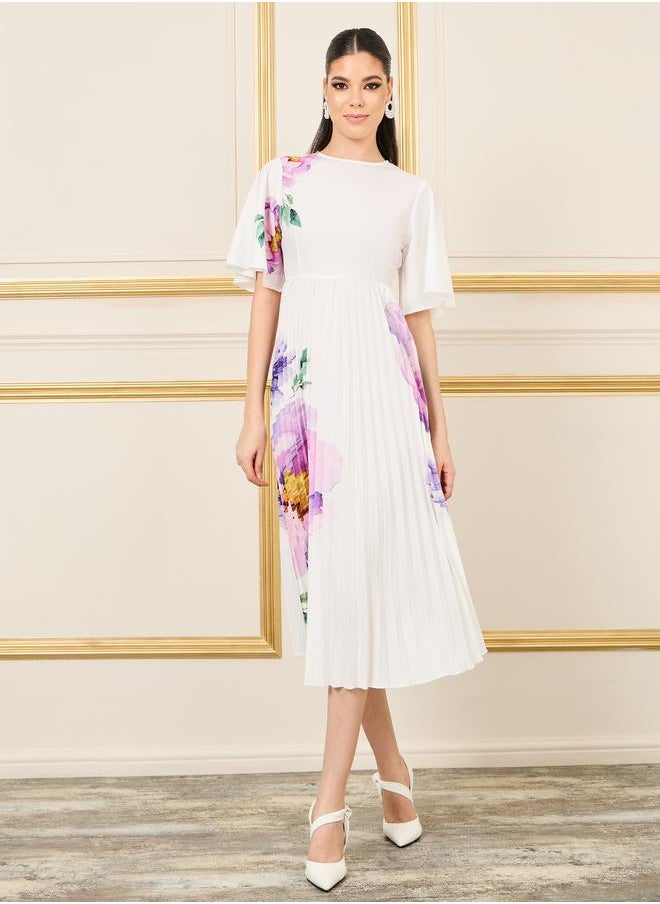 Styli Floral Print Pleated A-Line Midi Dress  - Image 1