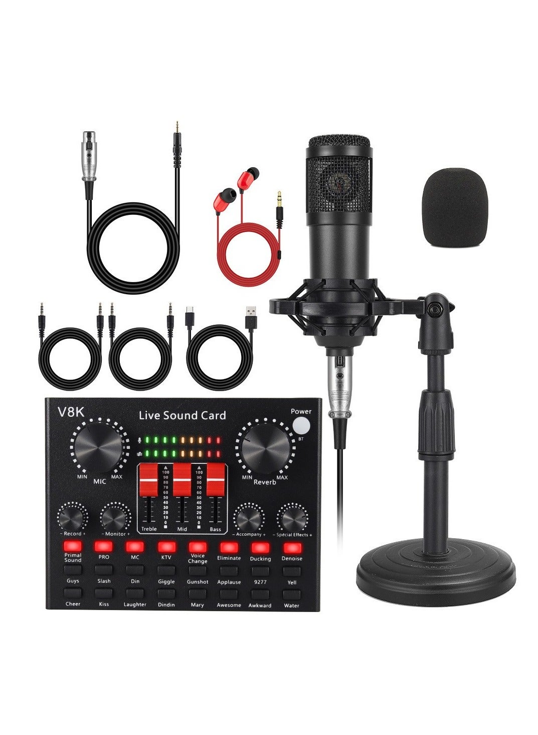 Audio Mixer Broadcast Kit, Live Sound Card Studio Recording XLR Microphone, Audio Interface Voice Changer, Podcast Equipment Bundle Soundboard for Tiktok Youtube Streaming/Singing/Gaming Phone/PC