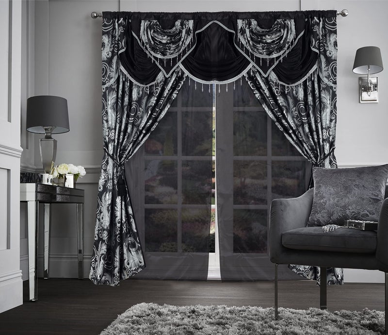 GLORY RUGS Jacquard Luxury Window 2 Panel Set Black Curtain with Attached Valance and Backing Bedroom Living Room Dining 2 Curtains 55x84 inches Each Jana - Image 2