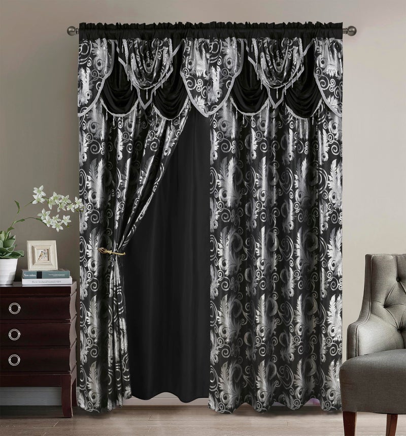 GLORY RUGS Jacquard Luxury Window 2 Panel Set Black Curtain with Attached Valance and Backing Bedroom Living Room Dining 2 Curtains 55x84 inches Each Jana - Image 1