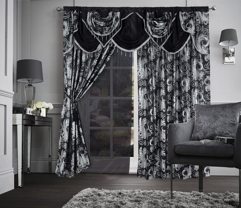 GLORY RUGS Jacquard Luxury Window 2 Panel Set Black Curtain with Attached Valance and Backing Bedroom Living Room Dining 2 Curtains 55x84 inches Each Jana - Image 3