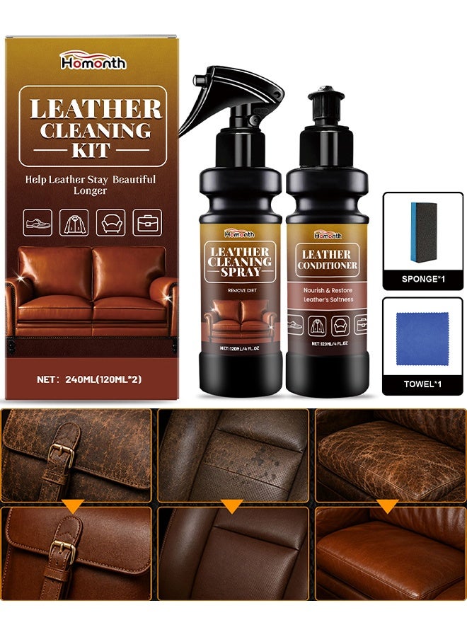 Homonth Leather Cleaning Care Set With Sponge Towel, 120ml Leather Cleaner And 120ml Leather Conditioner, Nourishing Care Shine Renovation Antifouling, Leather Furniture Cleaner For Leather Sofas Car Seats, All Leather Items, Furniture & Chair Restoration Kit - Image 1