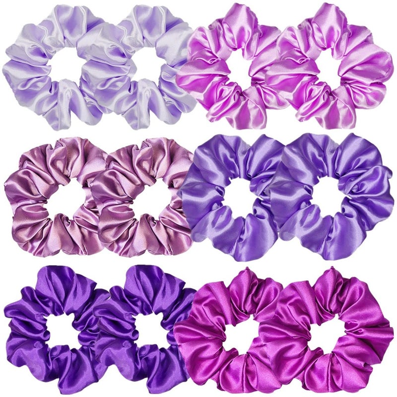 12 Pcs Satin Silk Scrunchies Soft Hair Ties Fashion Bands Bows Hair Ropes Elastic Bracelet Ponytail Holders Hair Accessories for Women and Girls 45 Inch Assorted Purple