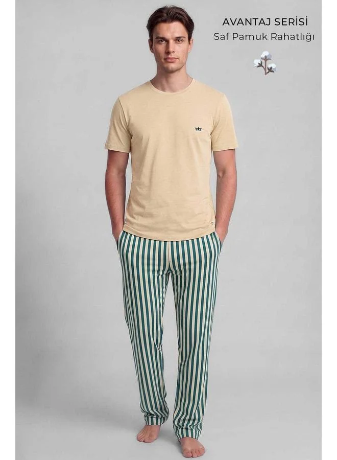 Aytuğ Cotton Short Sleeve Pajama Set, Butter Yellow-Green Striped.