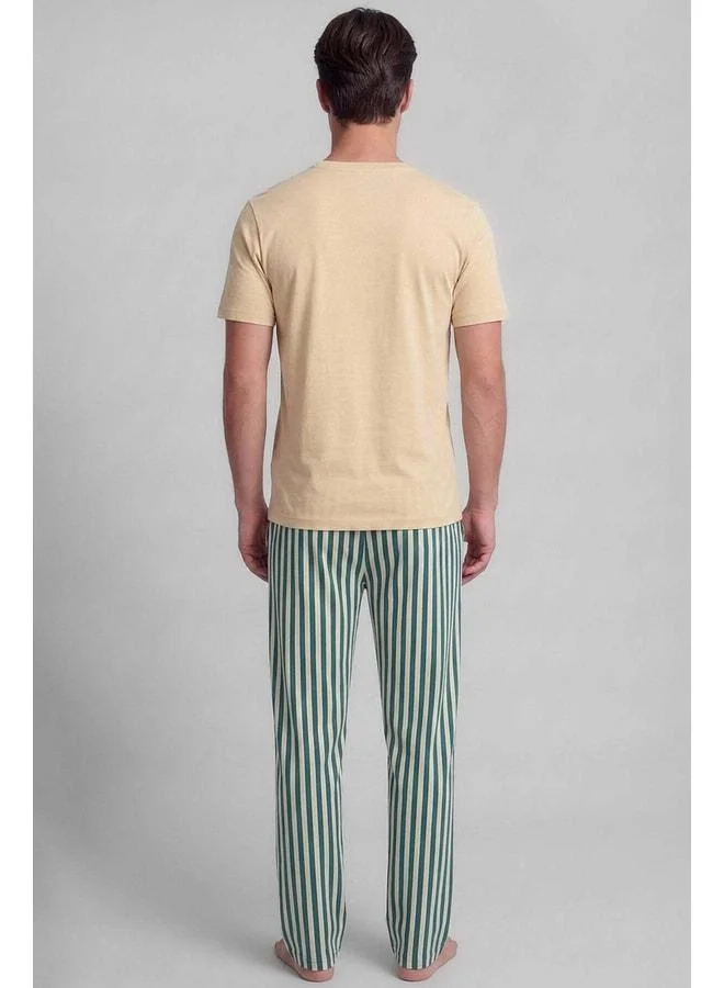 Aytuğ Cotton Short Sleeve Pajama Set, Butter Yellow-Green Striped.