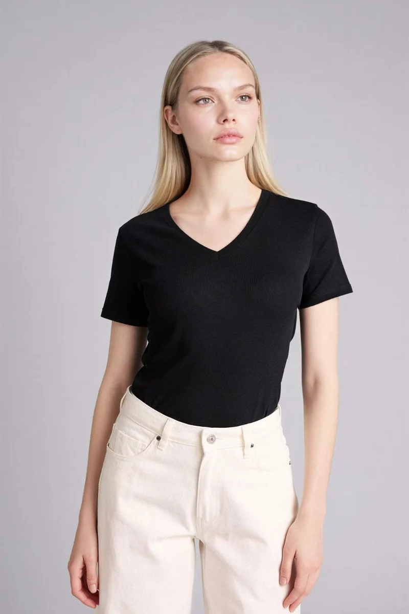 DeFacto Slim Fit V-Neck Basic Ribana Short Sleeve T-Shirt