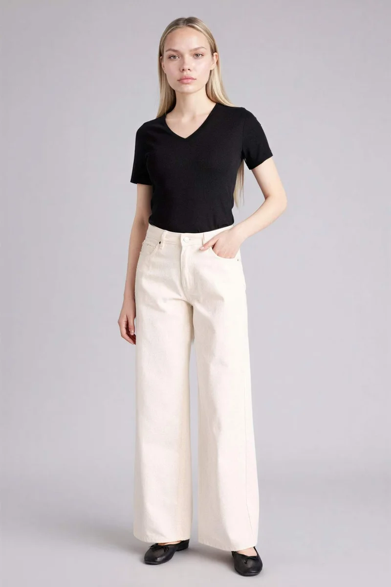 DeFacto Slim Fit V-Neck Basic Ribana Short Sleeve T-Shirt