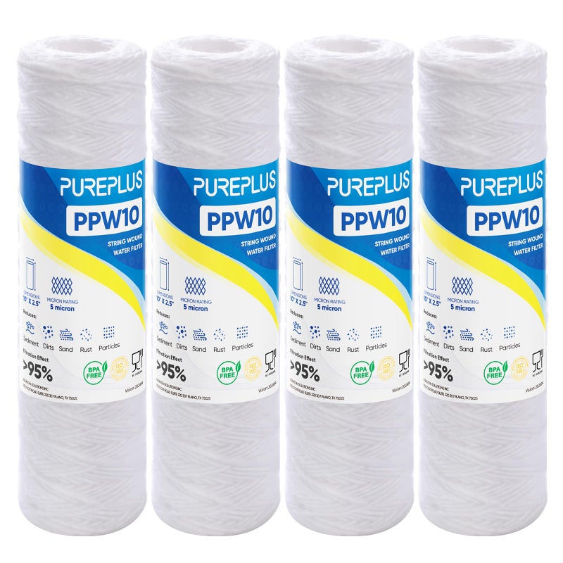 Pure Plus PUREPLUS 5 Micron 10"x2.5" Whole House String Wound Sediment Filter for Well Water, Replacement Cartridge for Universal 10 inch RO System, WP-5, Aqua-Pure AP110, CFS110, Culligan P5, WFPFC4002, 4Pack - Image 1