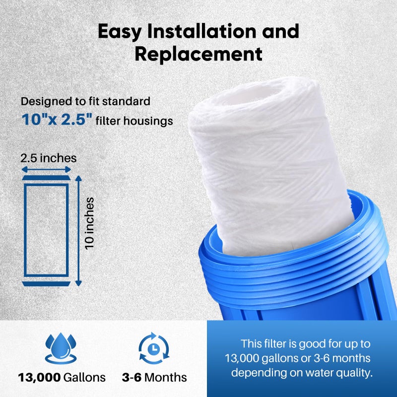 Pure Plus PUREPLUS 5 Micron 10"x2.5" Whole House String Wound Sediment Filter for Well Water, Replacement Cartridge for Universal 10 inch RO System, WP-5, Aqua-Pure AP110, CFS110, Culligan P5, WFPFC4002, 4Pack - Image 3